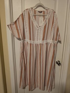 BloomChic Striped V-Neck Dress in Rust and Cream